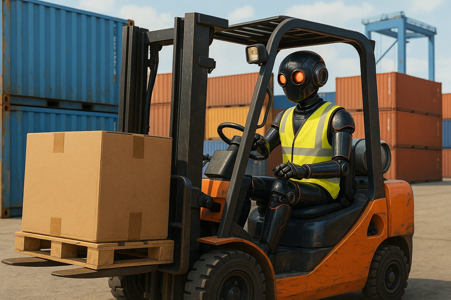Robot driving a forklift in a shipping yard. Freight Forwarding