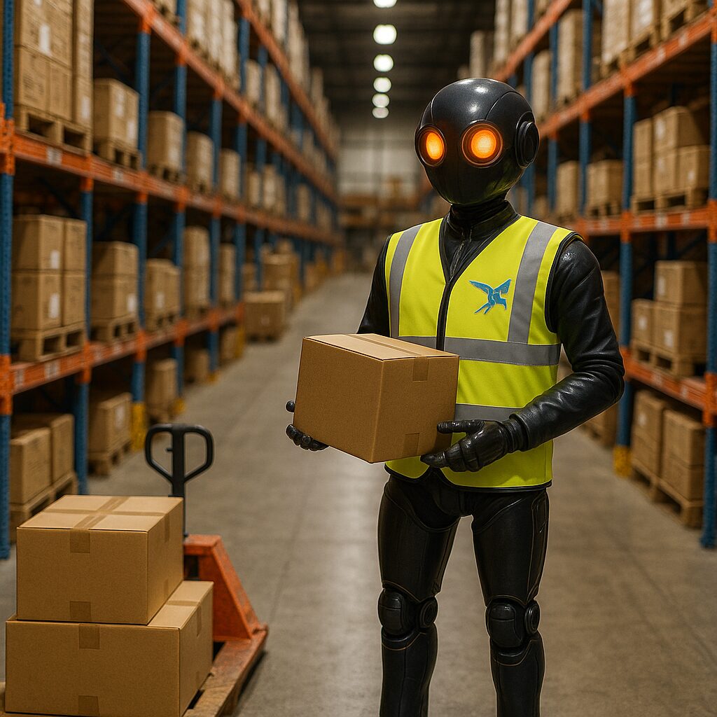 A robot working in a logistics warehouse, wearing a Jenkar branded hi-vis vest