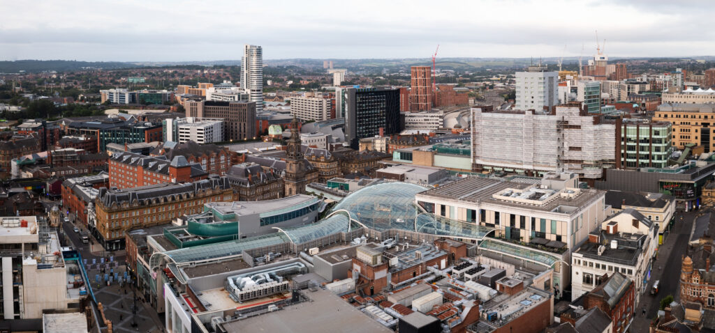 An aerial view of the glass roof of The Trinity Shopping Mall in Leeds 