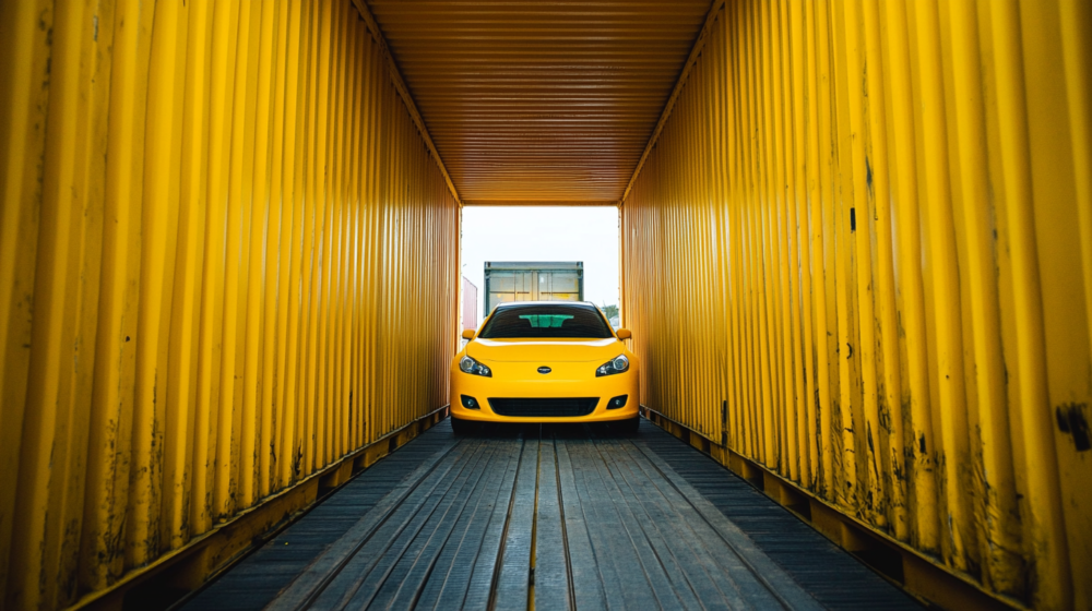 Yellow car inside container